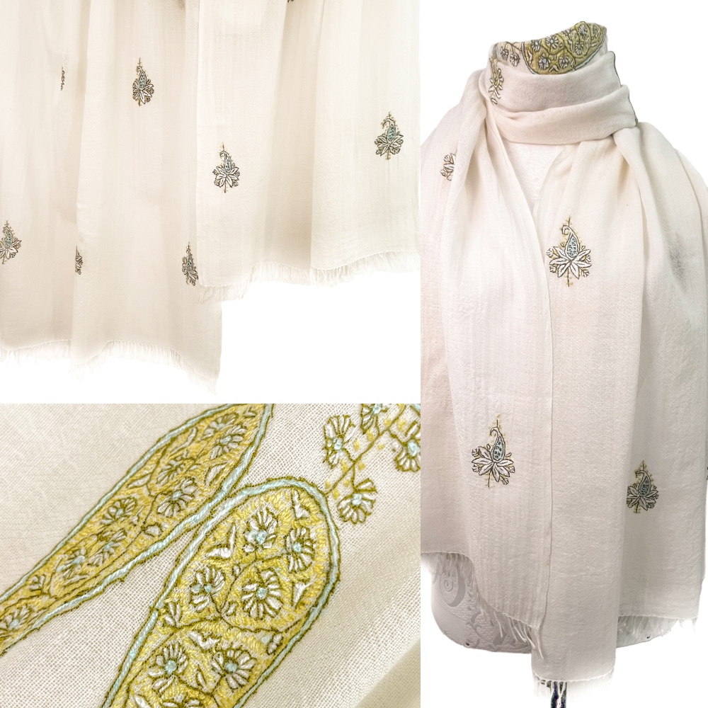 Wool & Silk Needle Hand Embroidered Stole (Apple Green) S-WTN2510_0065