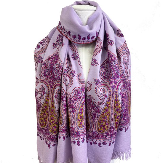 Wool needle-embroidered stole (light purple/pink)