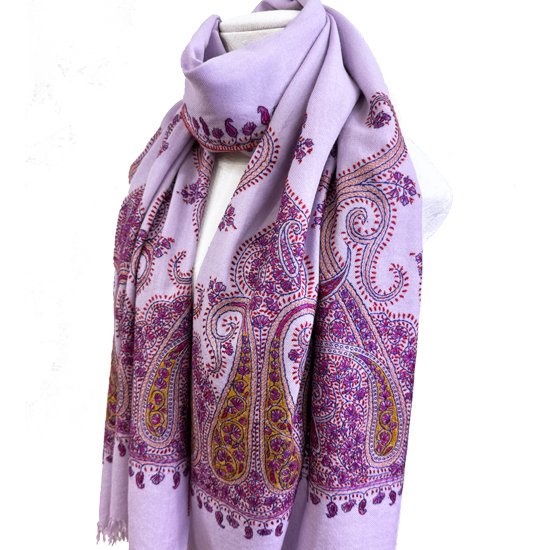 Wool needle-embroidered stole (light purple/pink)