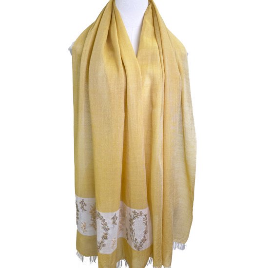 薄手ウール&シルク アリー手刺繍ストール (ライトイエロー)