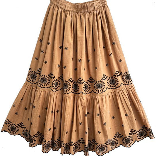 Cutwork & Machine Embroidery Gathered Skirt (Camel) G-V0008SK_0154