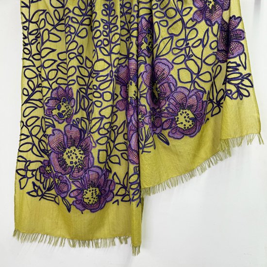 薄手ウール&シルク アリー手刺繍ストール (オリーブ/パープル)