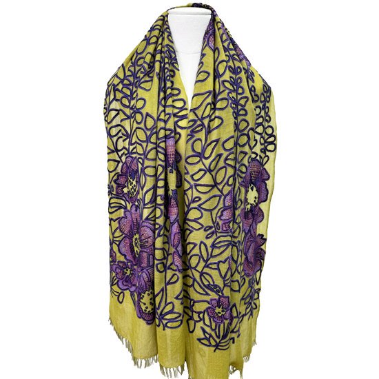 薄手ウール&シルク アリー手刺繍ストール (オリーブ/パープル)