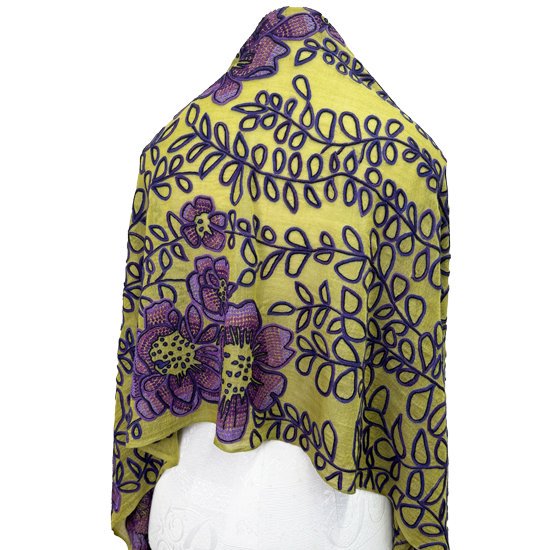 薄手ウール&シルク アリー手刺繍ストール (オリーブ/パープル)