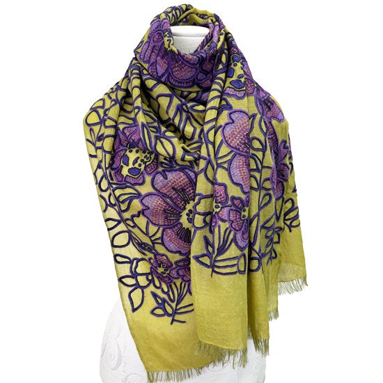 薄手ウール&シルク アリー手刺繍ストール (オリーブ/パープル)