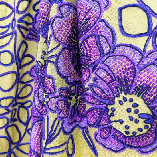 薄手ウール&シルク アリー手刺繍ストール (オリーブ/パープル)