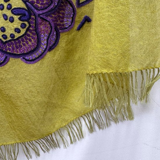 薄手ウール&シルク アリー手刺繍ストール (オリーブ/パープル)