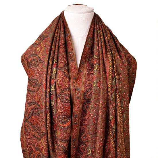 Handwoven cashmere needle embroidered shawl (dark beige)