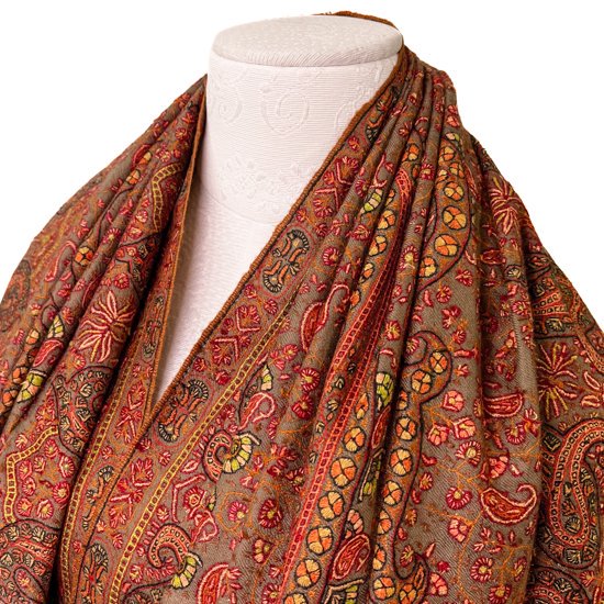 Handwoven cashmere needle embroidered shawl (dark beige)