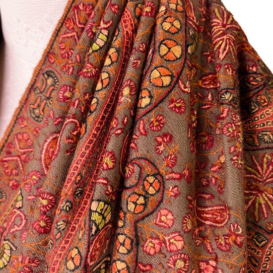 Handwoven cashmere needle embroidered shawl (dark beige)