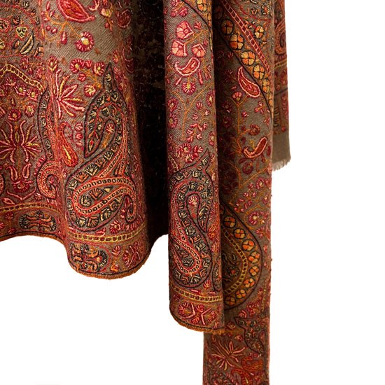 Handwoven cashmere needle embroidered shawl (dark beige)