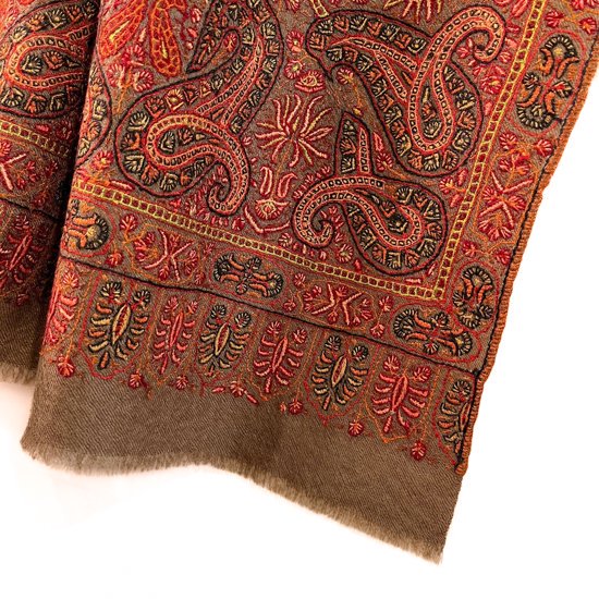 Handwoven cashmere needle embroidered shawl (dark beige)