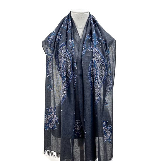 Lightweight wool & silk hand-embroidered stole (dark gray/turquoise)