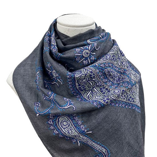 Lightweight wool & silk hand-embroidered stole (dark gray/turquoise)