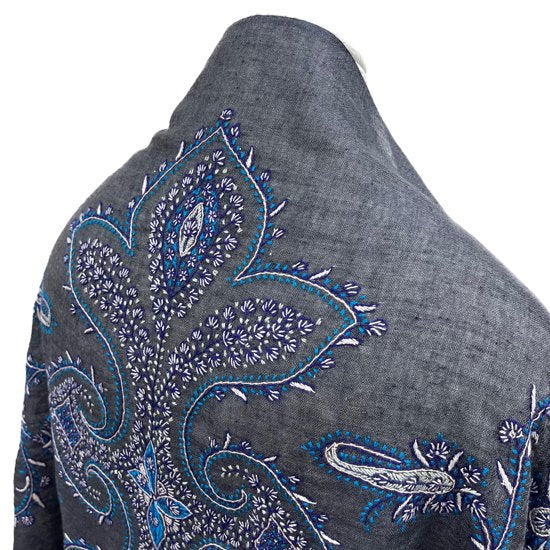 Lightweight wool & silk hand-embroidered stole (dark gray/turquoise)