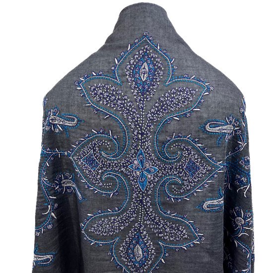 Lightweight wool & silk hand-embroidered stole (dark gray/turquoise)