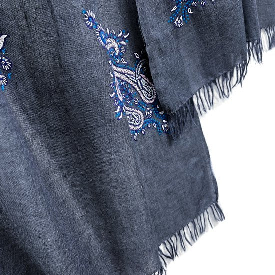 Lightweight wool & silk hand-embroidered stole (dark gray/turquoise)