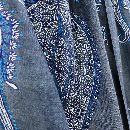 Lightweight wool & silk hand-embroidered stole (dark gray/turquoise)