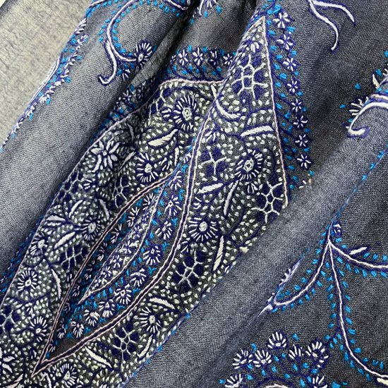 Lightweight wool & silk hand-embroidered stole (dark gray/turquoise)