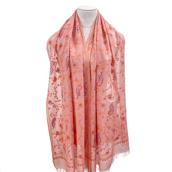 Wool & Silk Needle Embroidered Stole (Light Orange)