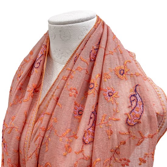 Wool & Silk Needle Embroidered Stole (Light Orange)