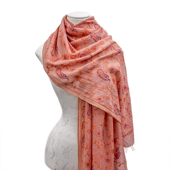 Wool & Silk Needle Embroidered Stole (Light Orange)