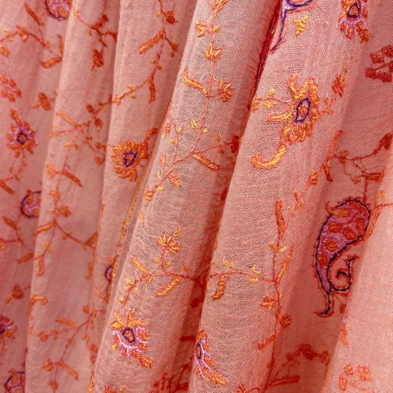 Wool & Silk Needle Embroidered Stole (Light Orange)
