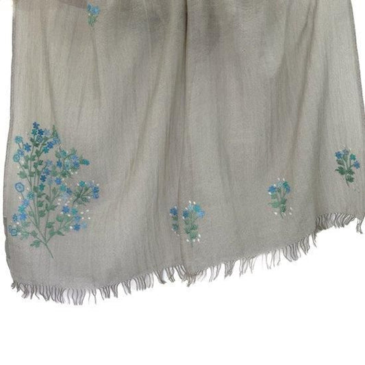 Mimosa Lightweight Wool & Silk Allie Hand Embroidered Narrow Stole (Greige)