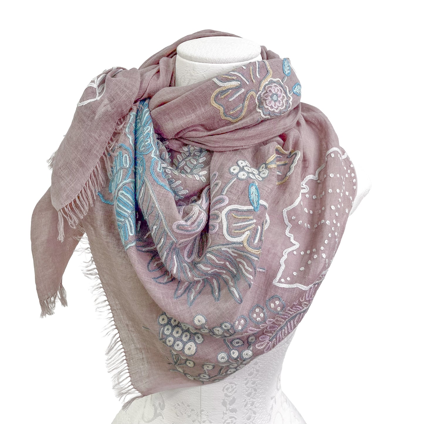 Botanical Flower Lightweight Wool & Silk Ally Hand Embroidered Stole (Ice Green)