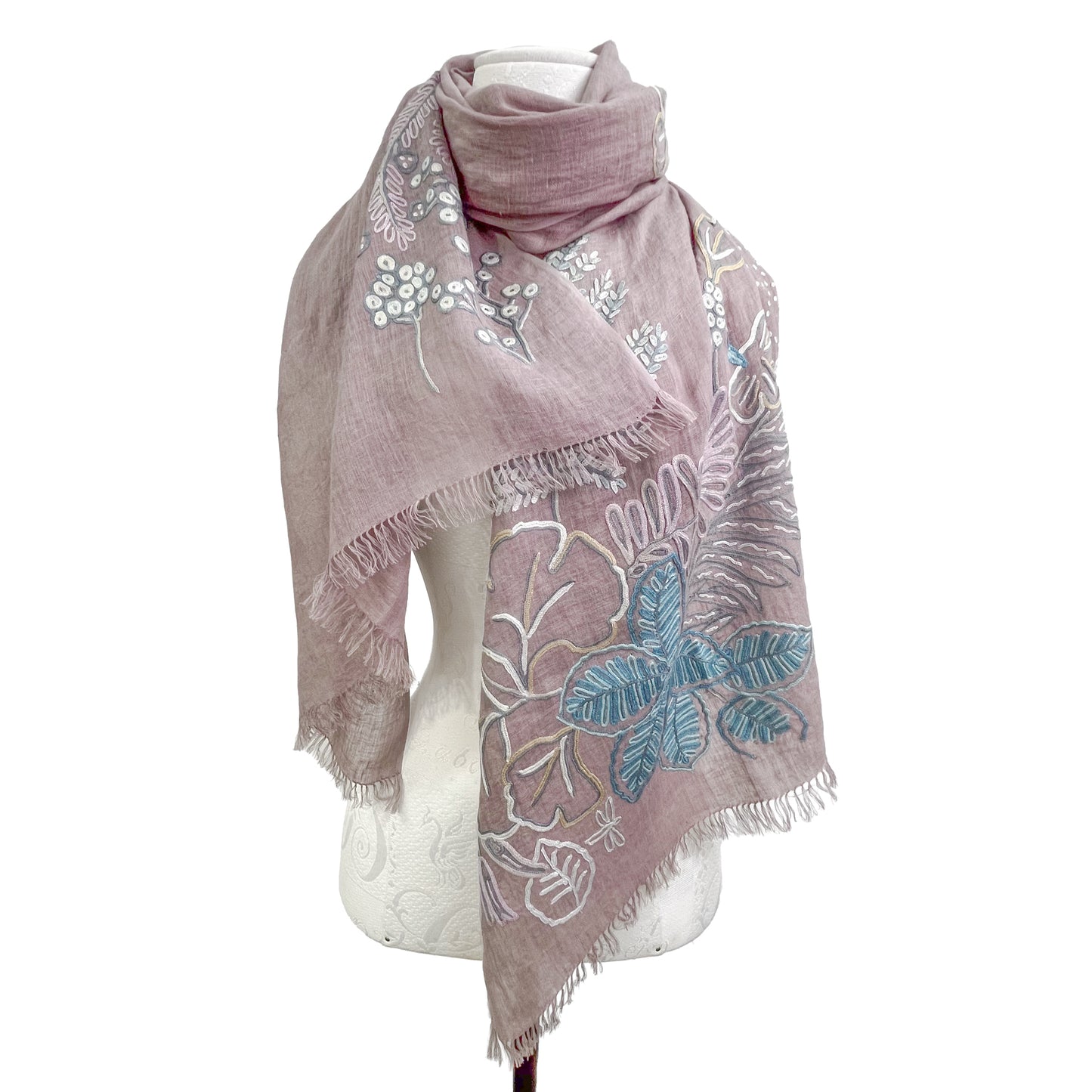 Botanical Flower Lightweight Wool & Silk Ally Hand Embroidered Stole (Ice Green)