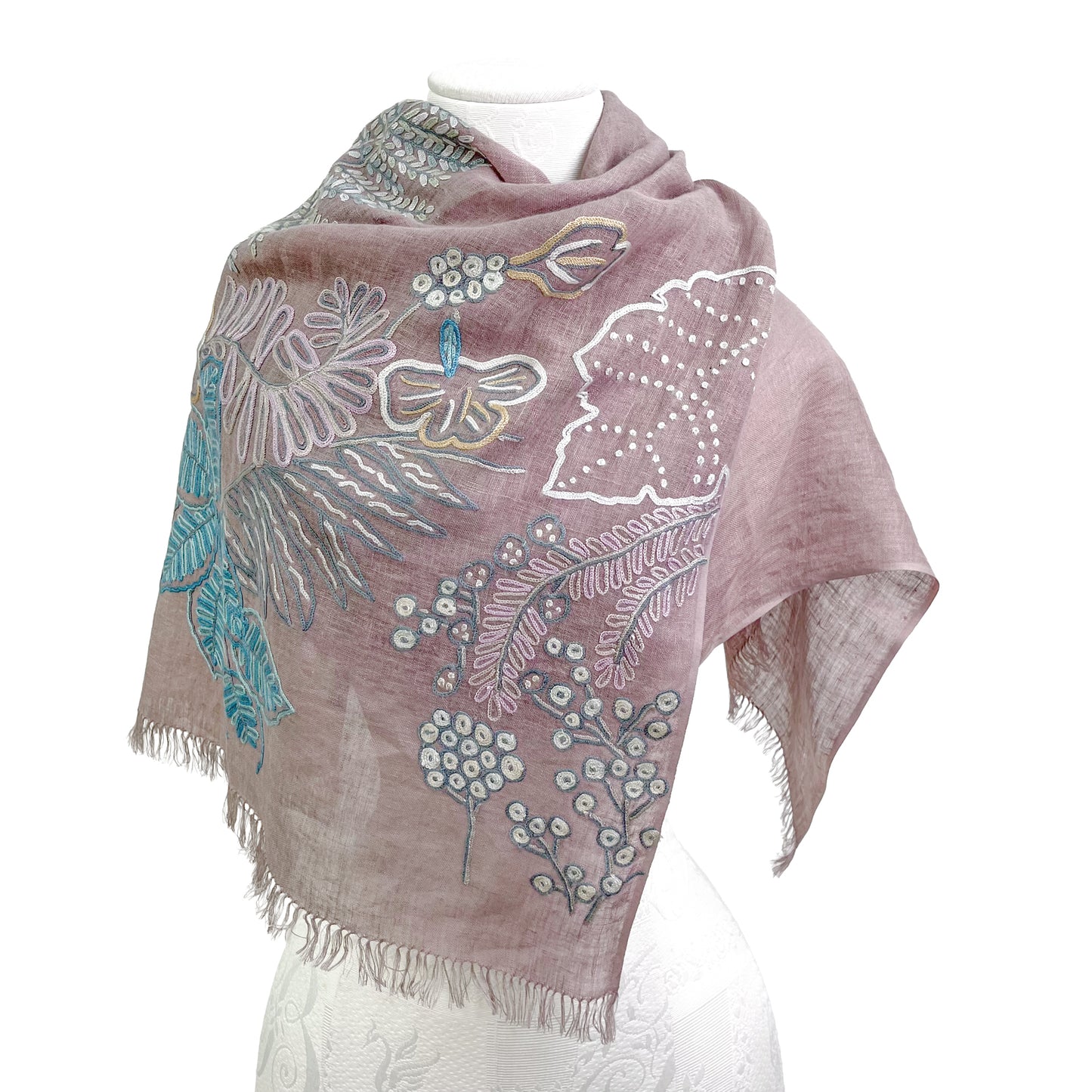 Botanical Flower Lightweight Wool & Silk Ally Hand Embroidered Stole (Ice Green)