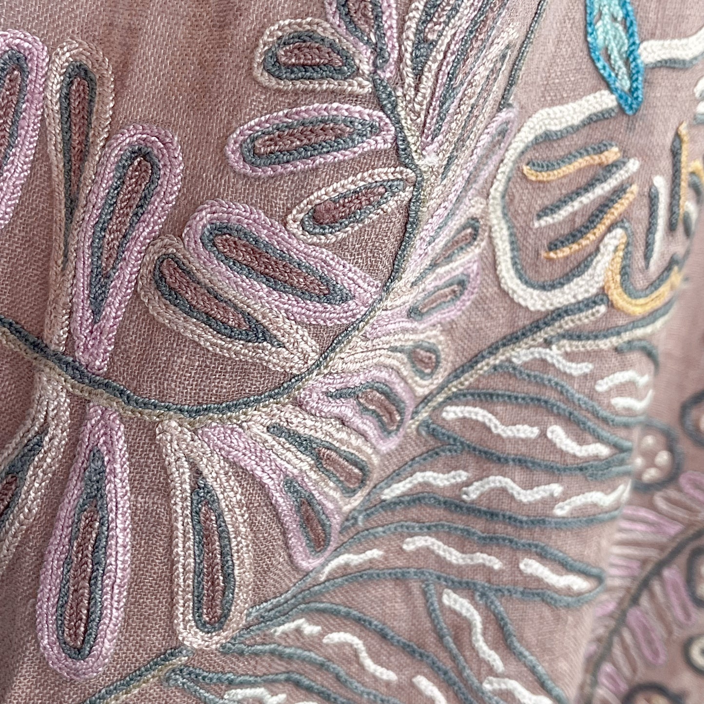 Botanical Flower Lightweight Wool & Silk Ally Hand Embroidered Stole (Ice Green)
