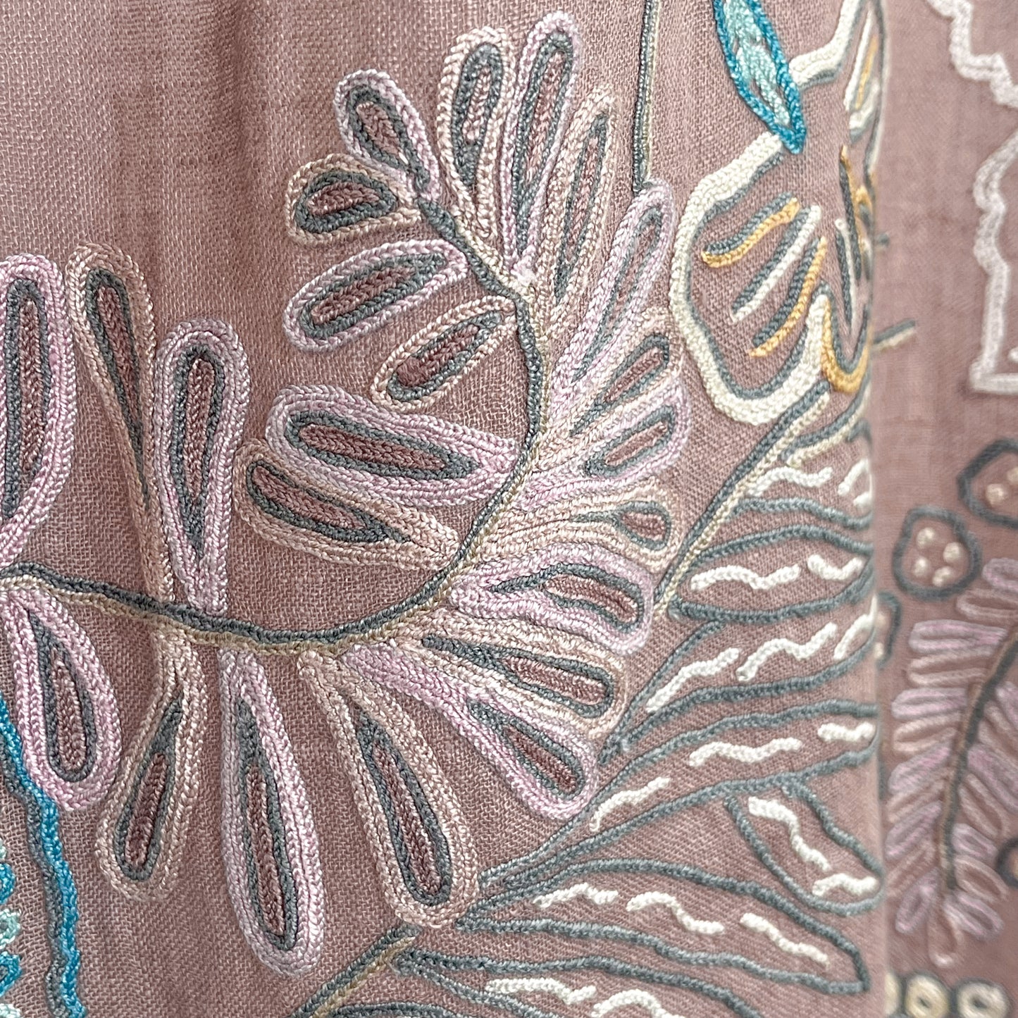 Botanical Flower Lightweight Wool & Silk Ally Hand Embroidered Stole (Ice Green)