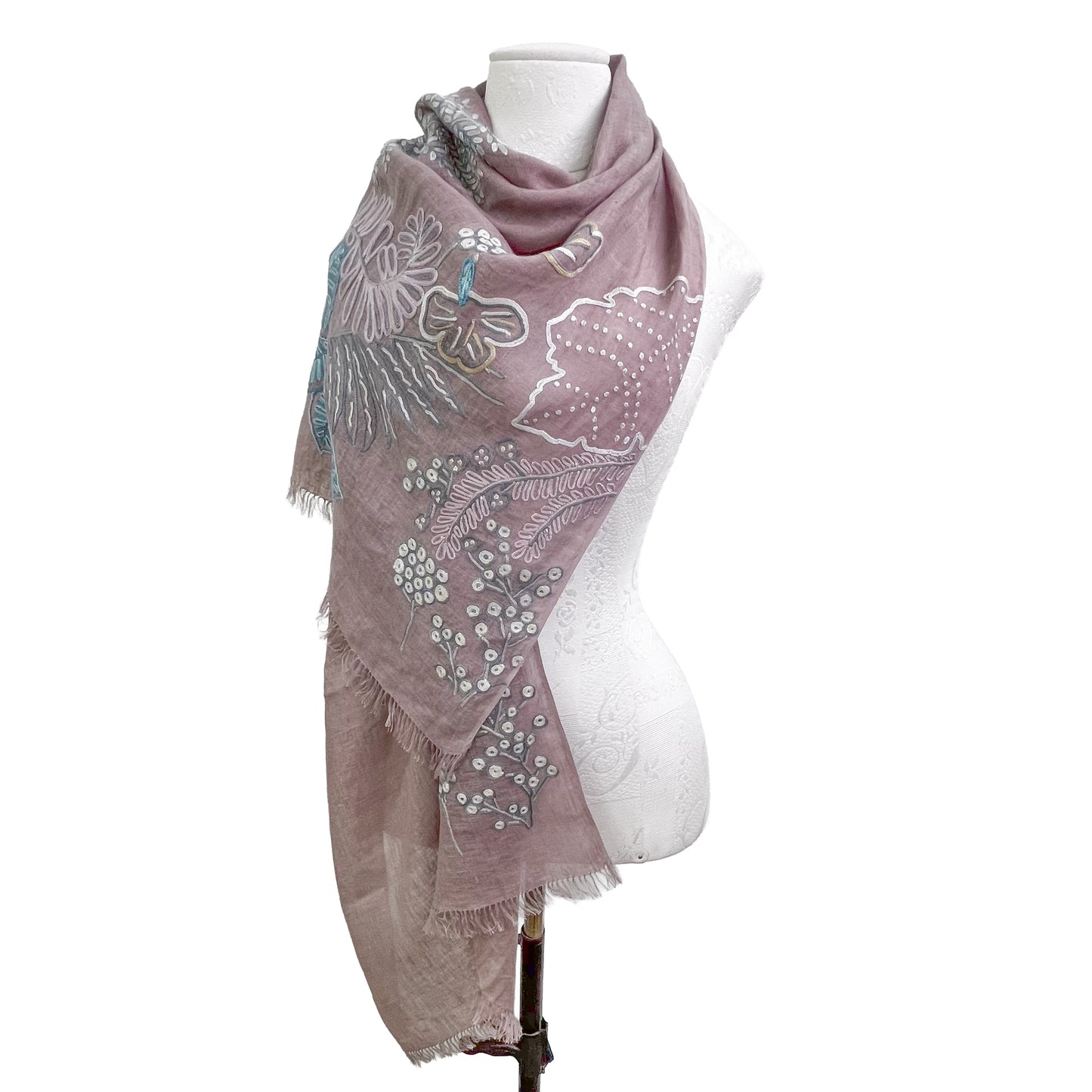 Botanical Flower Lightweight Wool & Silk Ally Hand Embroidered Stole (Ice Green)