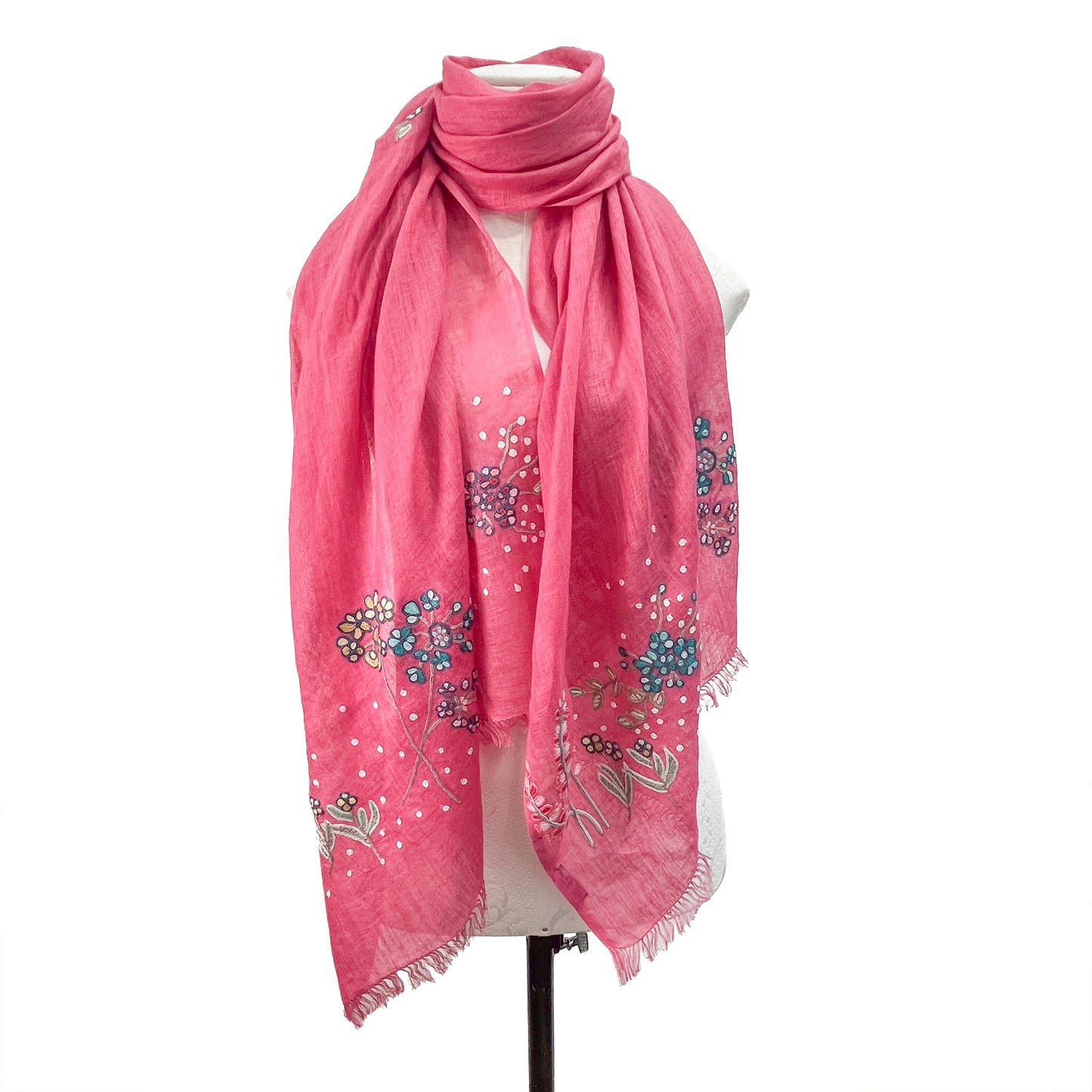 Linen Arly Hand Embroidered Stole (Fuchsia Pink)