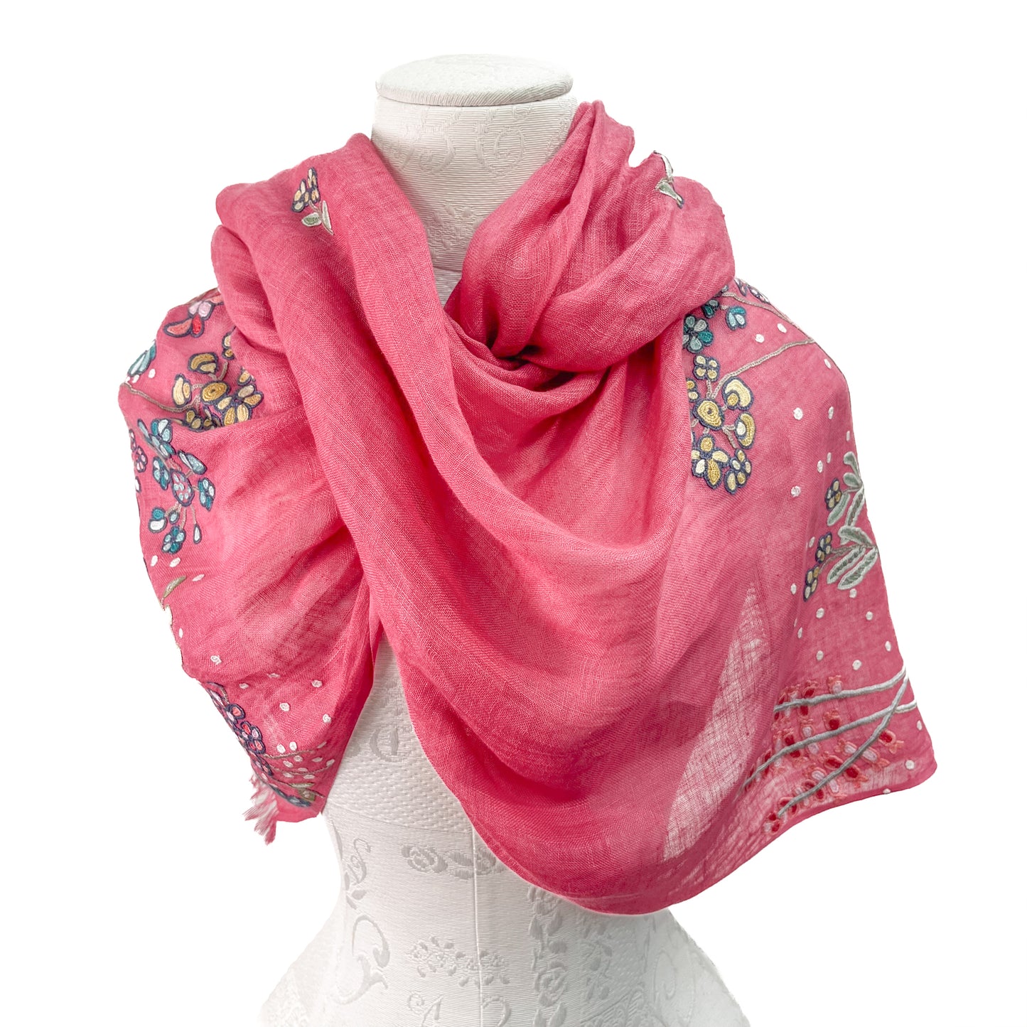 Linen Arly Hand Embroidered Stole (Fuchsia Pink)
