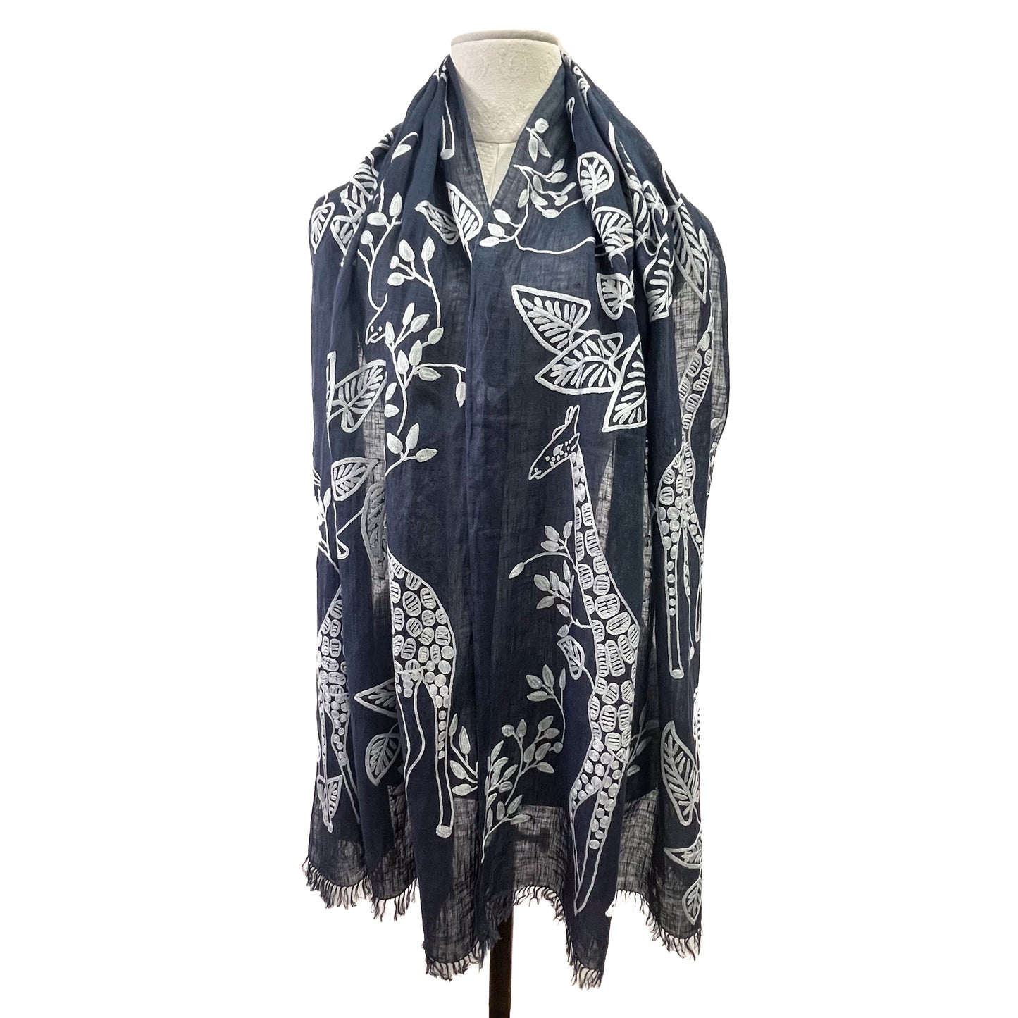 Giraffe Pattern Safari Dance Linen Arry Hand Embroidered Stole (Navy)