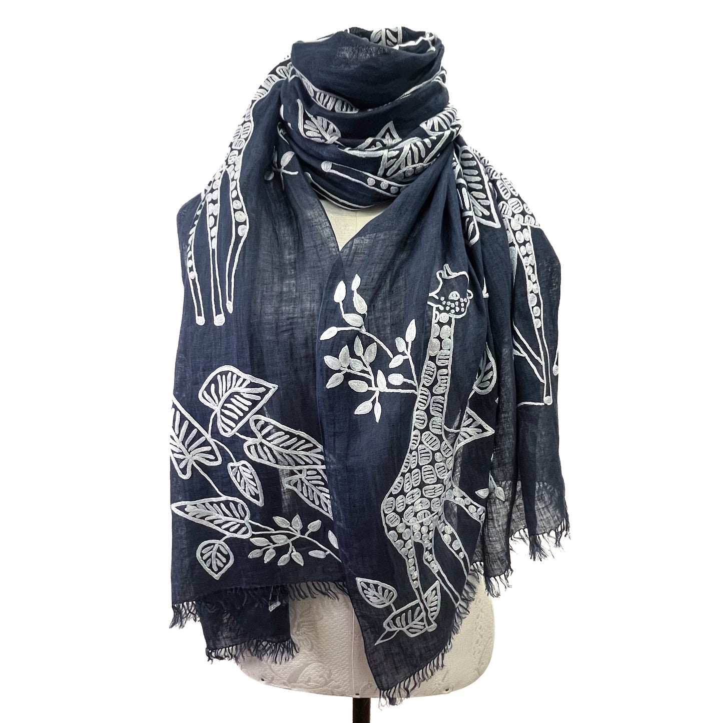 Giraffe Pattern Safari Dance Linen Arry Hand Embroidered Stole (Navy)