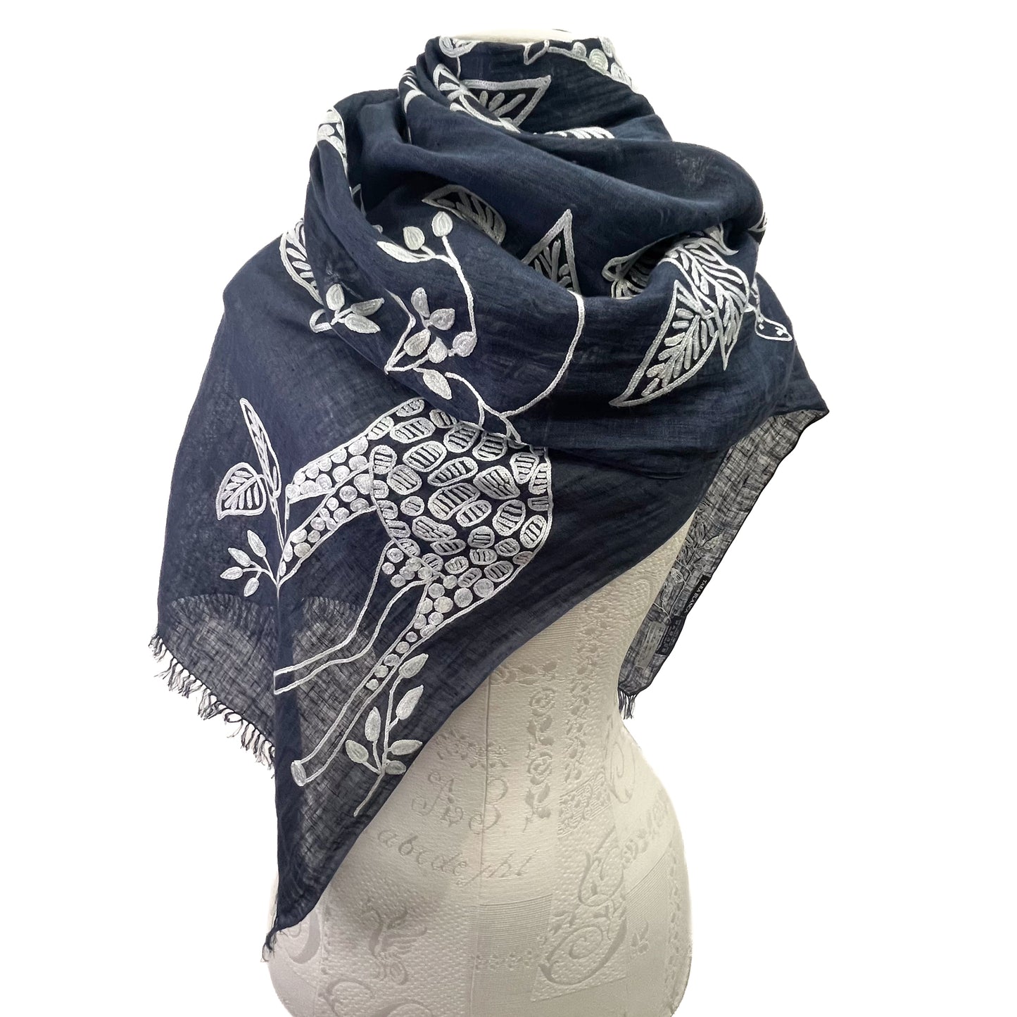Giraffe Pattern Safari Dance Linen Arry Hand Embroidered Stole (Navy)