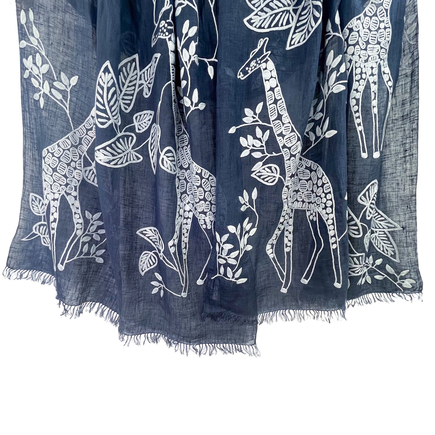 Giraffe Pattern Safari Dance Linen Arry Hand Embroidered Stole (Navy)