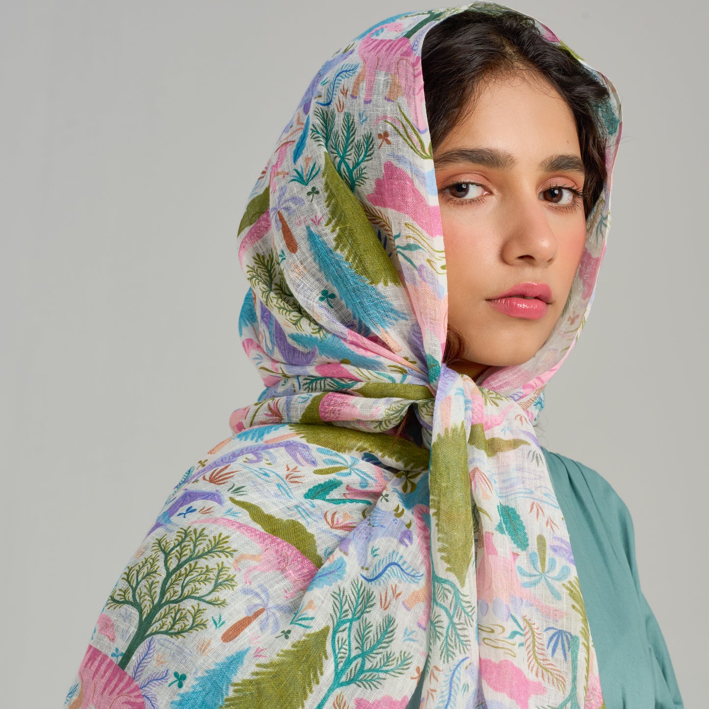 Dinosaur linen original print stole (light pink)
