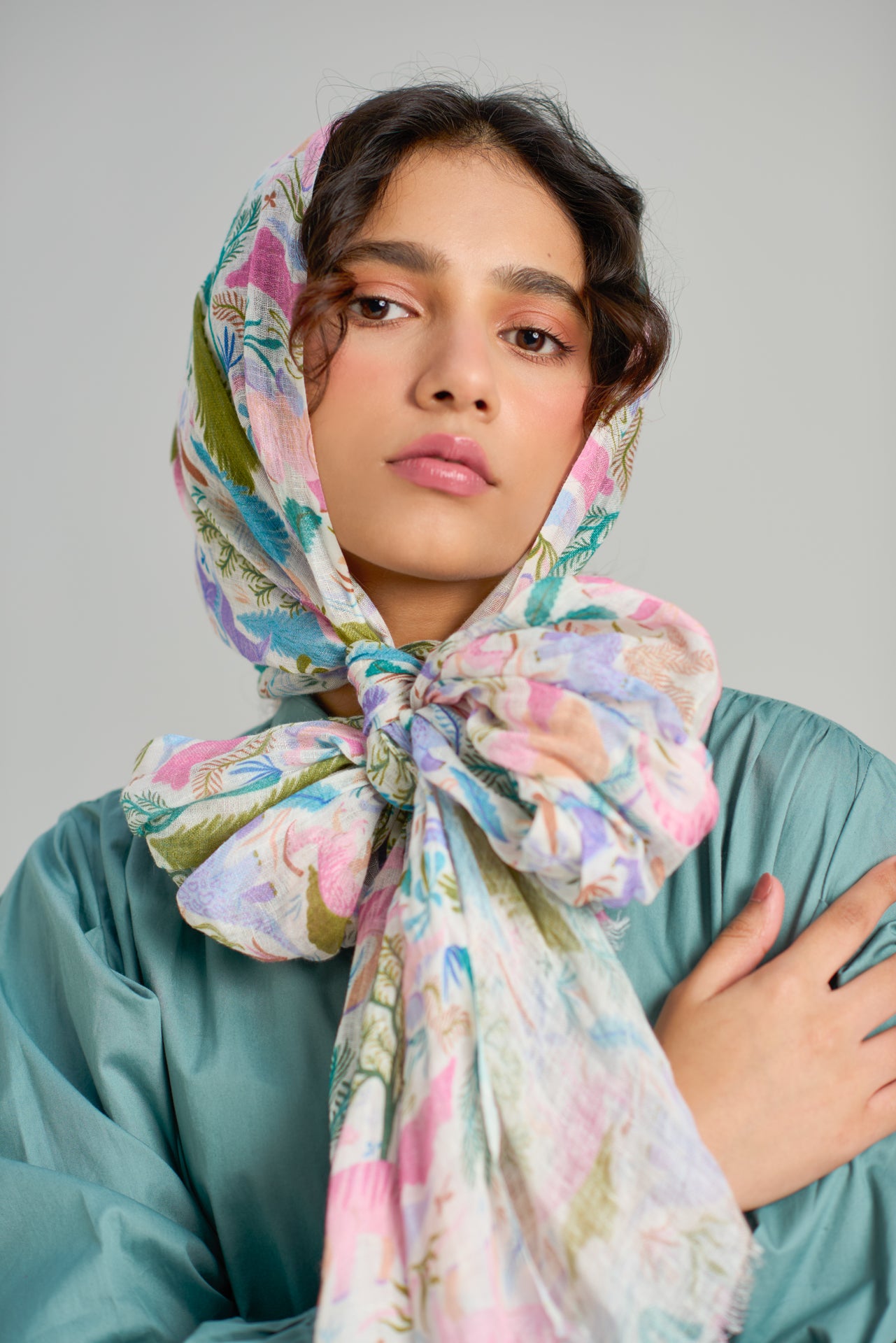 Dinosaur linen original print stole (light pink)