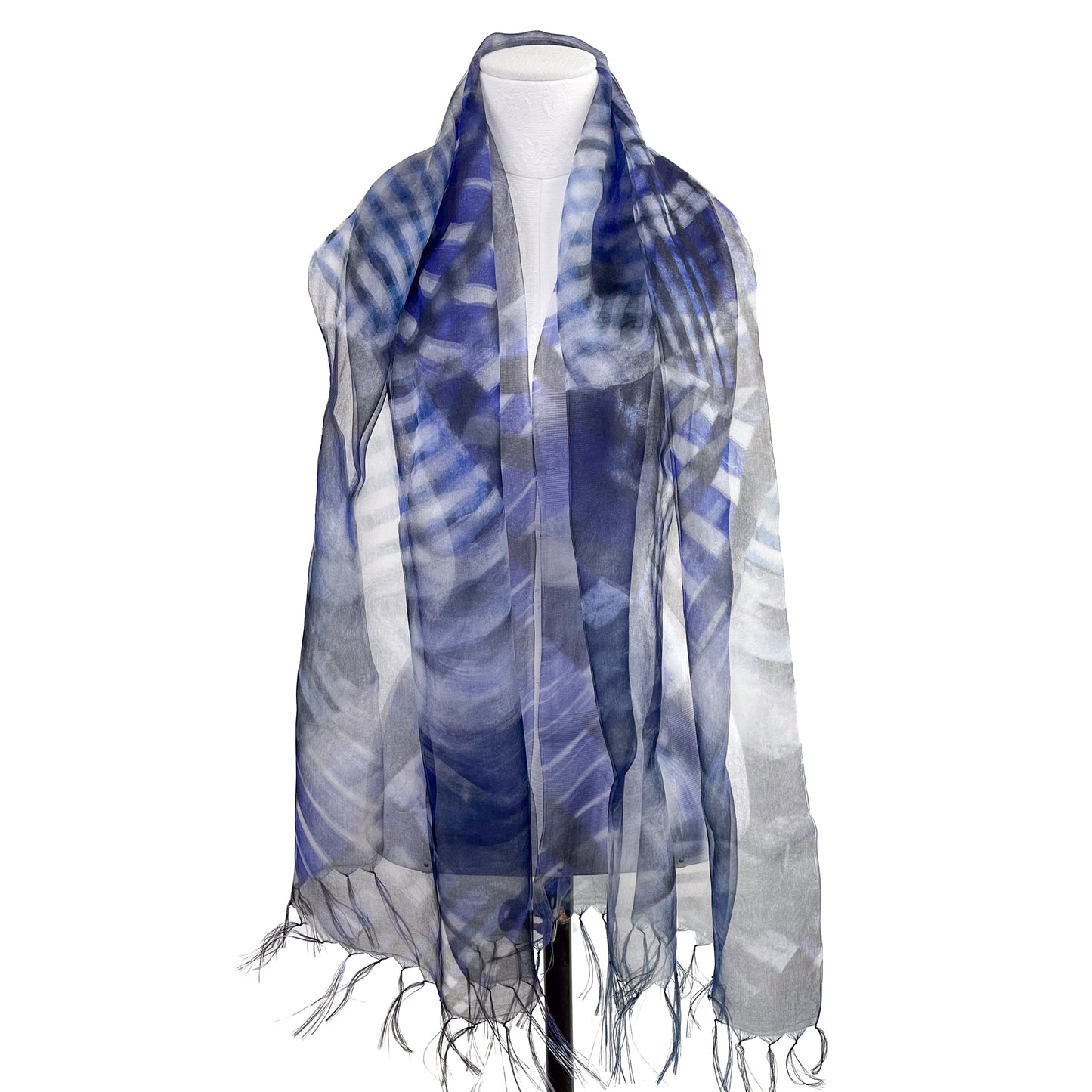 Japanese-made double silk print double silk organza print stole (navy)