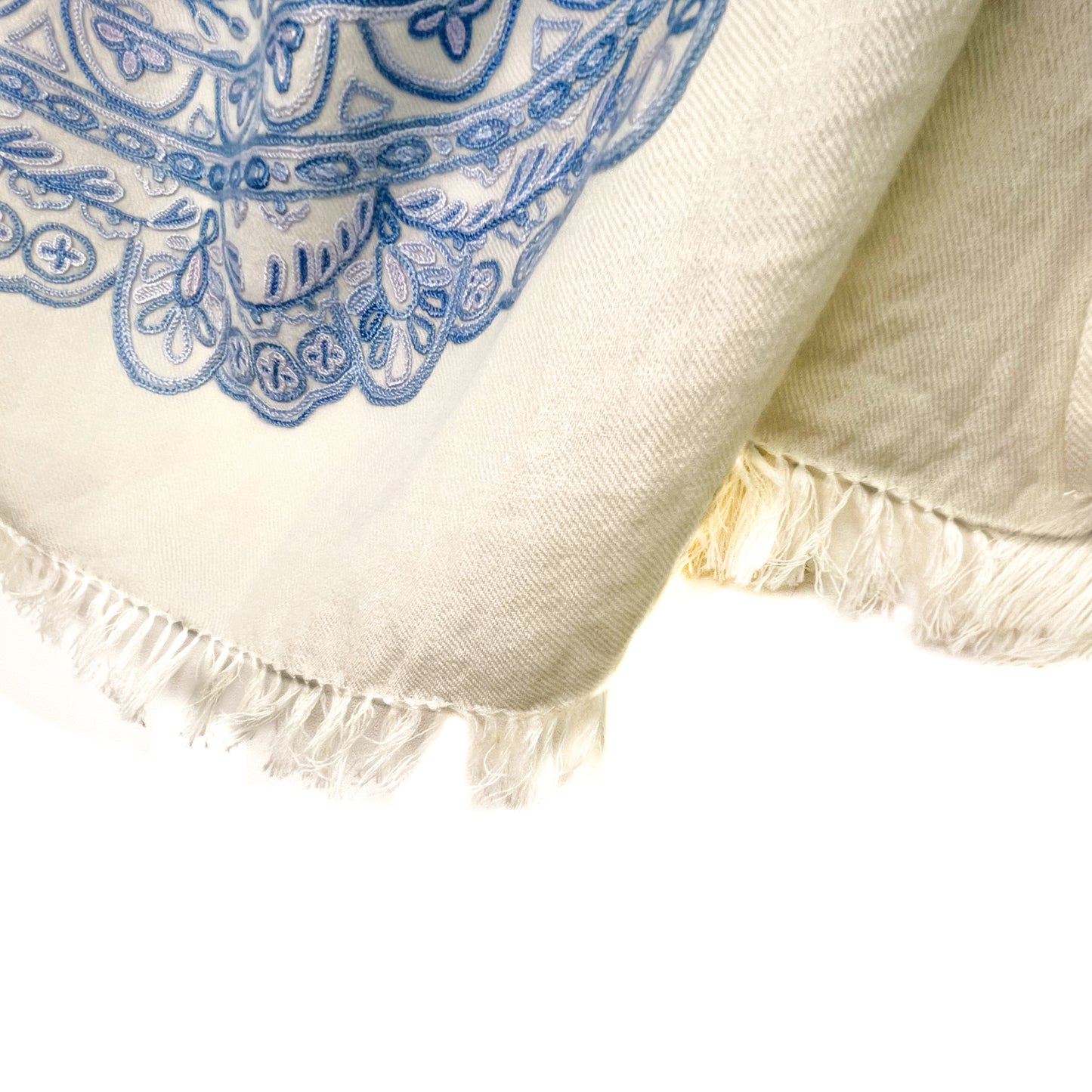 Lace ウール アリー手刺繍ストール (ホワイト/ライトブルー)