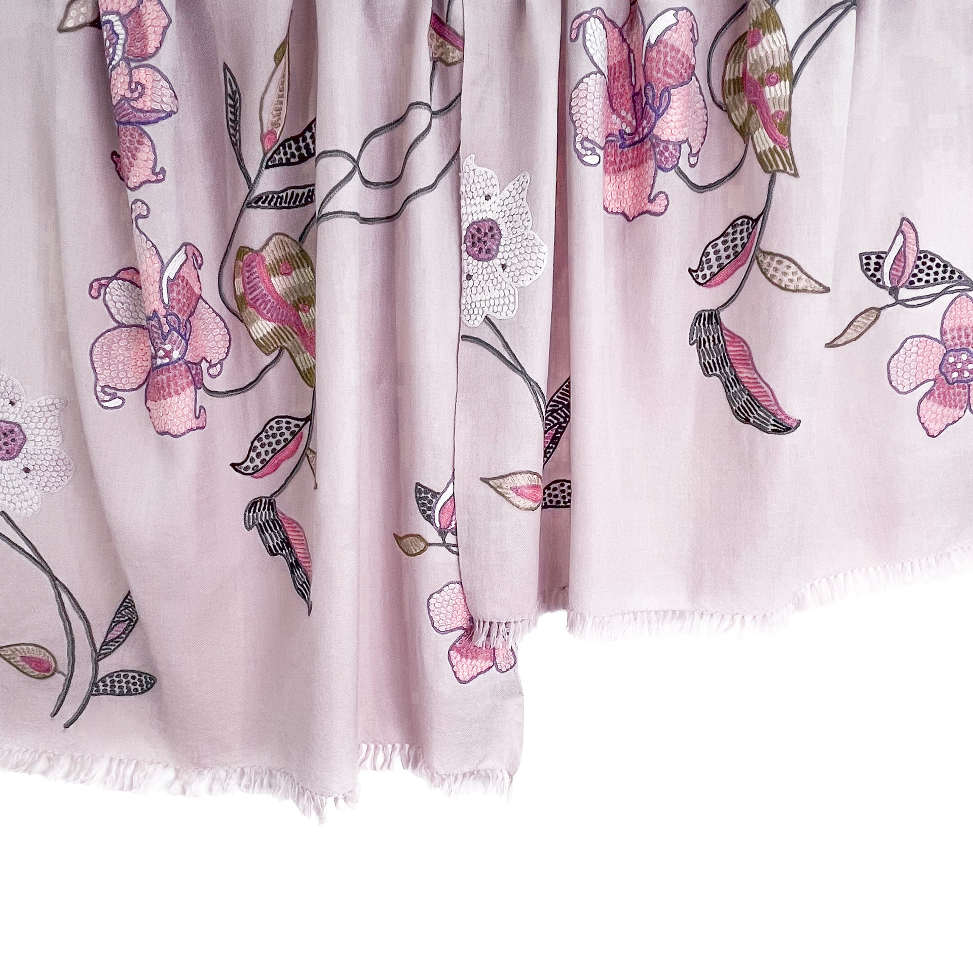 FLOATING FLOWER ウール&シルク アリー手刺繍ストール (ピンクベージュ