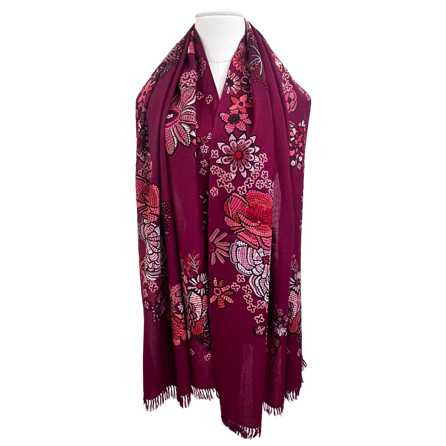 FLOWER MERRY GO ROUND ウール アリー手刺繍ストール (ラディッシュパープル)