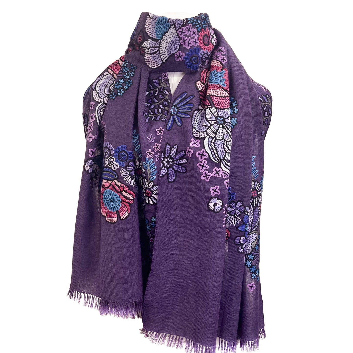 FLOWER MERRY GO ROUND ウール アリー手刺繍ストール (ダークパープル)
