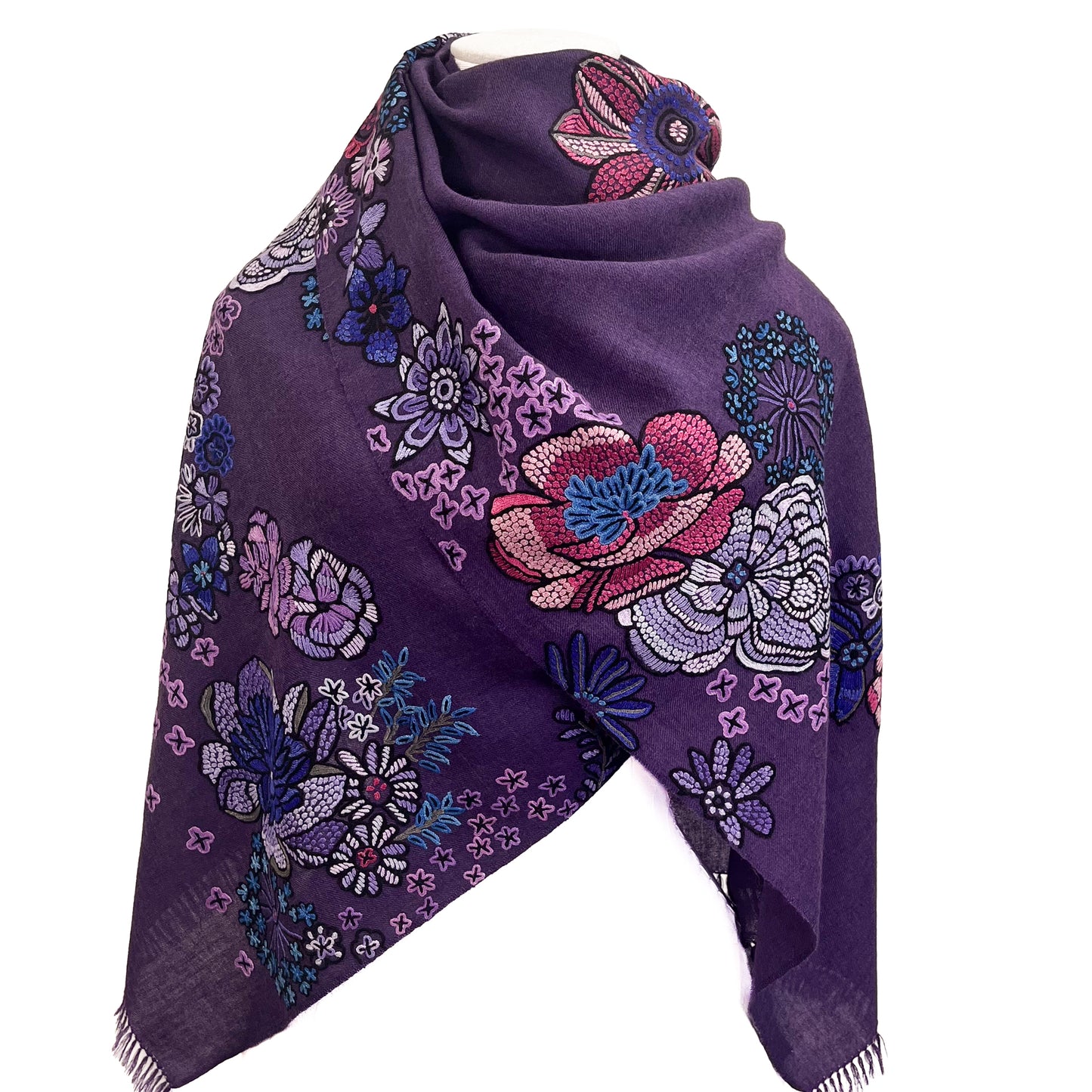 FLOWER MERRY GO ROUND ウール アリー手刺繍ストール (ダークパープル)