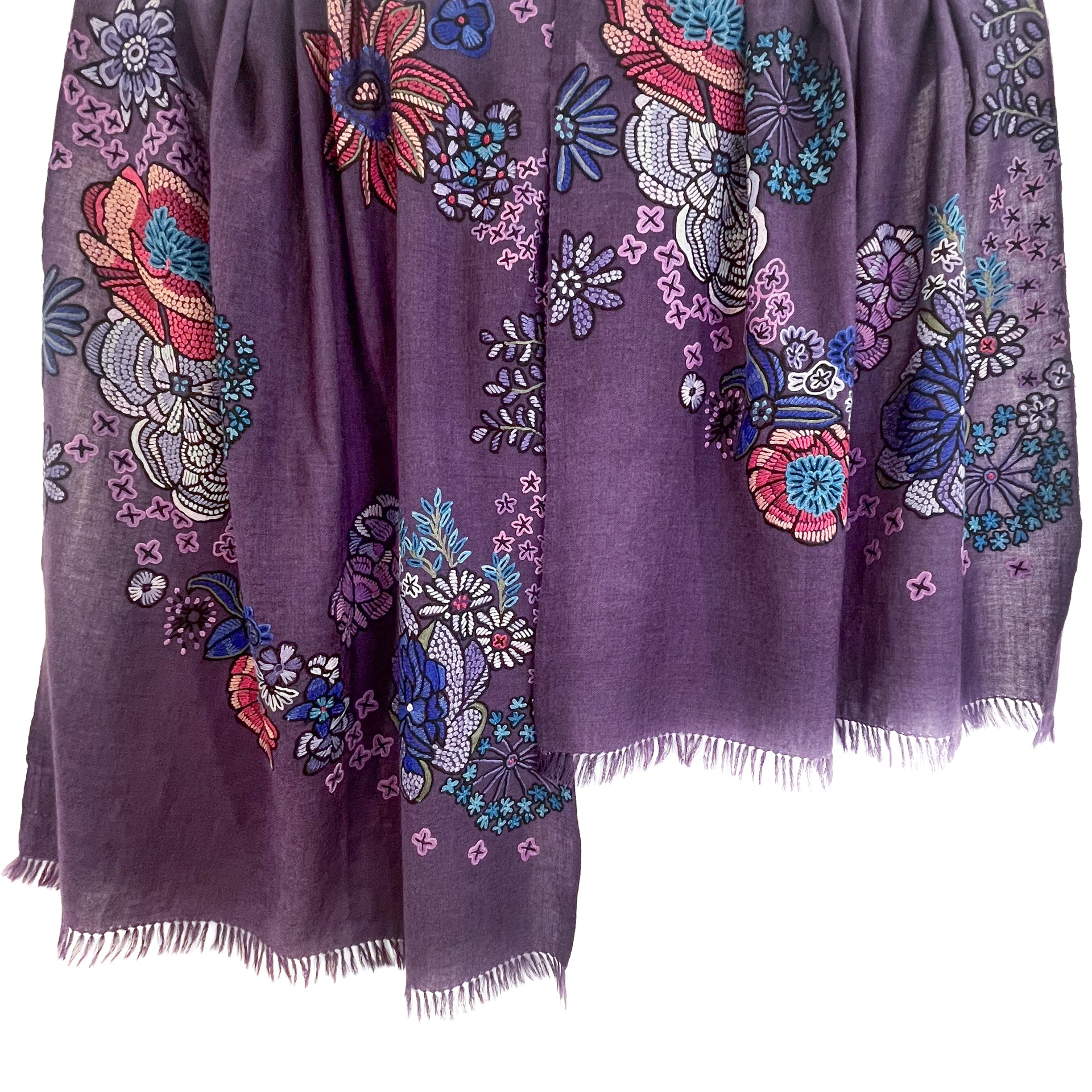 FLOWER MERRY GO ROUND ウール アリー手刺繍ストール (ダークパープル