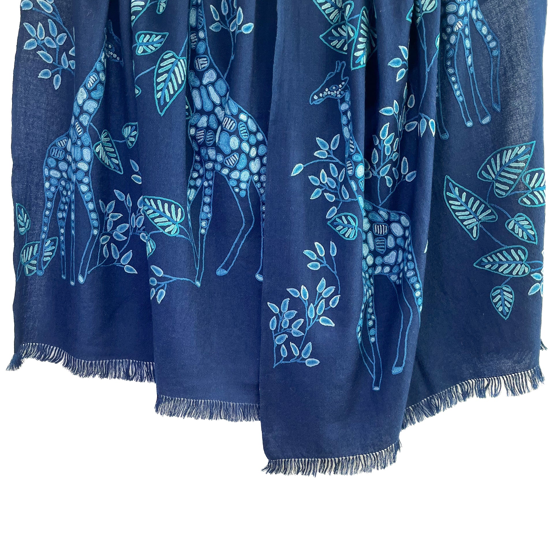 カシミア　花柄刺繍 ストール 青色 フリンジ付き カシミア 花柄刺繍 ストール 青色 フリンジ付き